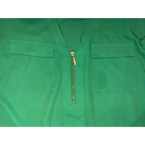 Express Green Portofino Blouse SZ S โ Roll Tab Sleeves Zip Front - Picture 6 of 8